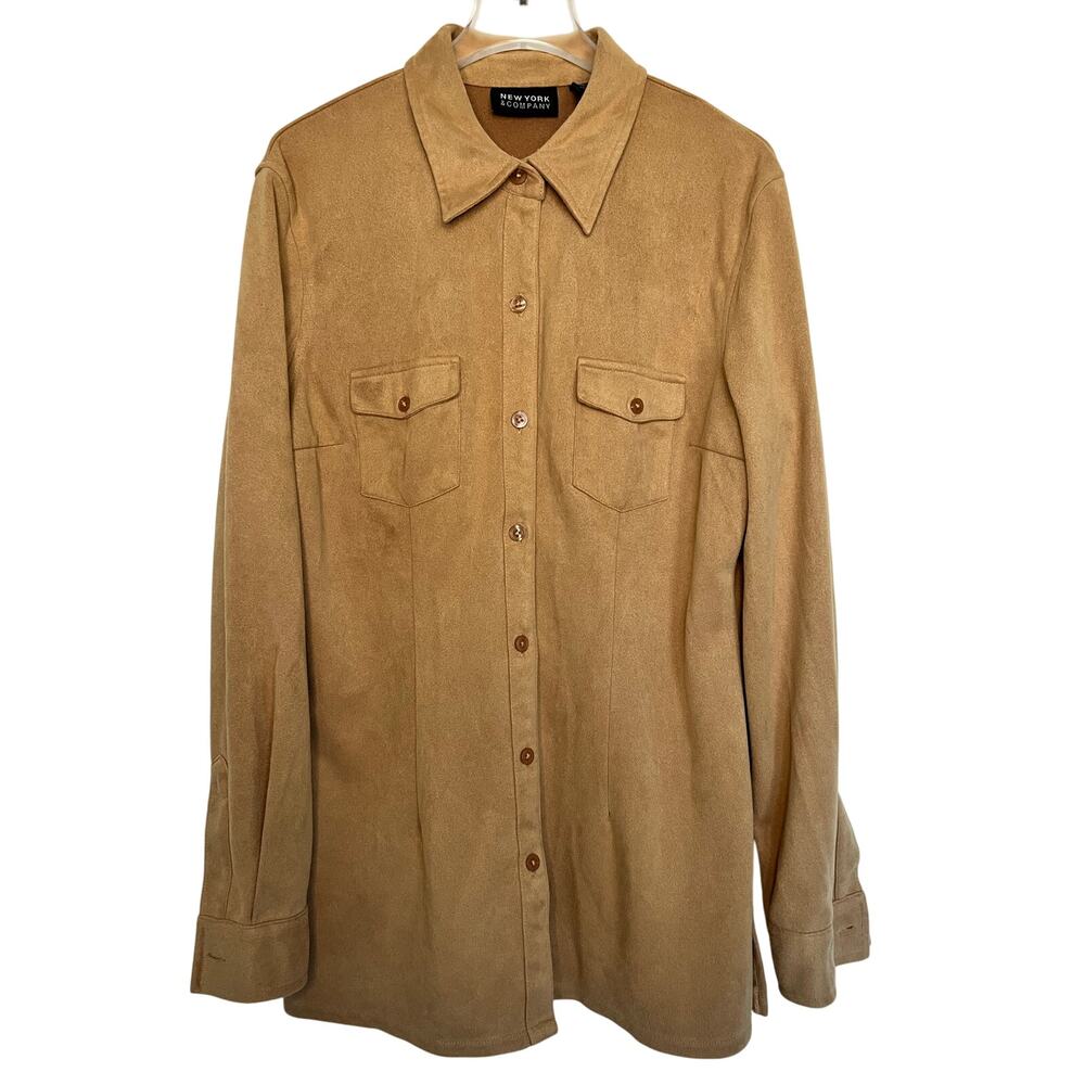 New York & Company Vintage Tan Suede-Look Button Down Shirt – Size M
